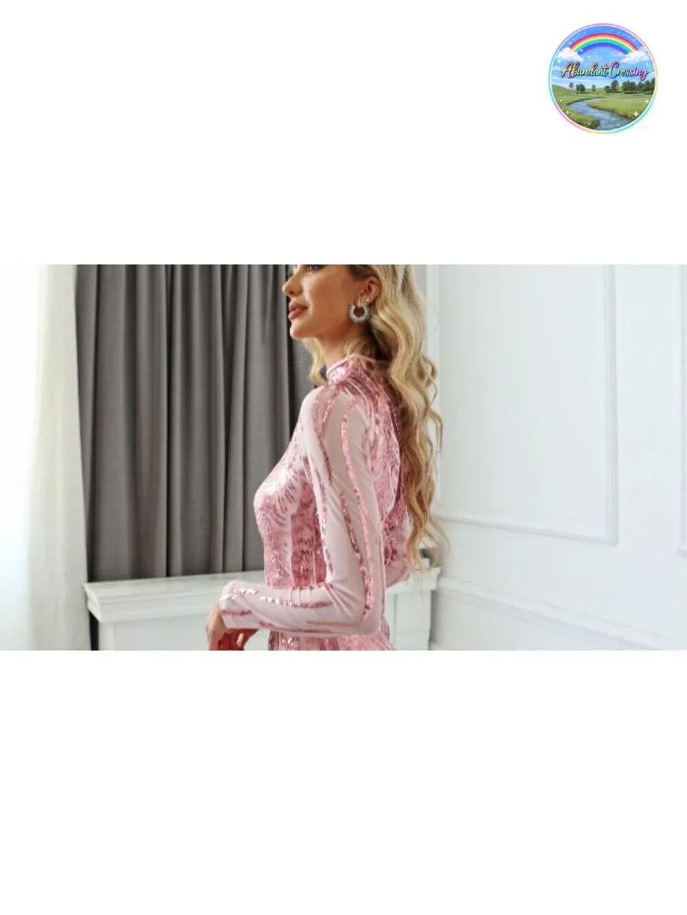 Sequins Patchwork Bodycon Maxi Dress Long Sleeve Plume High Neck